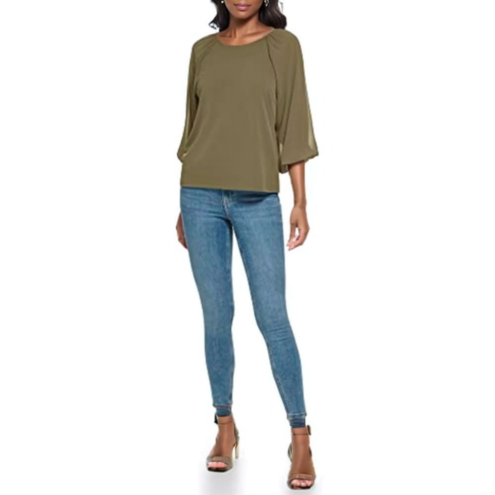 Calvin Klein Top Womens XL Olive Green Modern Essentials Flowy Gauze Blouse‎ NWT